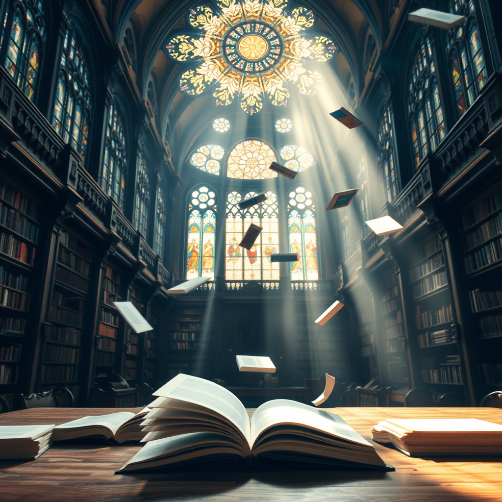 A grand library interior with soaring ceilings and intricate stained glass, illuminated by ethereal light streaming through large windows, books floating in the air and scattered open on a wooden table, captured with a DSLR camera at f/2.8, ISO 100, 24mm wide-angle lens, natural lighting, high dynamic range, vibrant colors.
