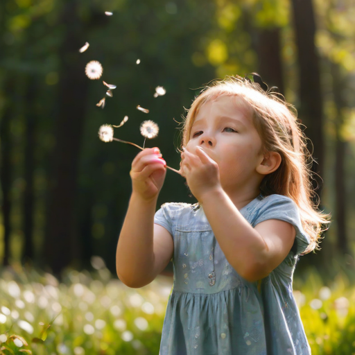 Blurry candid shot of a child blowing dandelion seeds into the air, sunlight filtering through trees, creating a magical atmosphere with floating seeds softly illuminated.