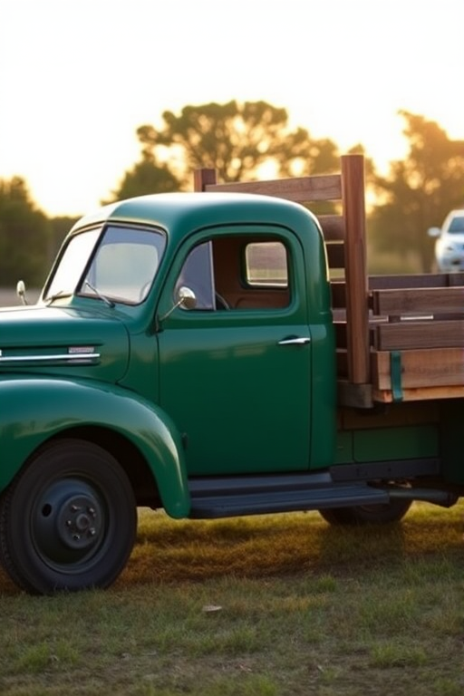 A vintage green truck with a wooden flatbed, photographed at dawn under soft natural light, using a DSLR camera with a 50mm lens, aperture set to f/2.8 for shallow depth of field, ISO 100 for minimal noise, and a slight vignette effect for enhanced focus on the truck.