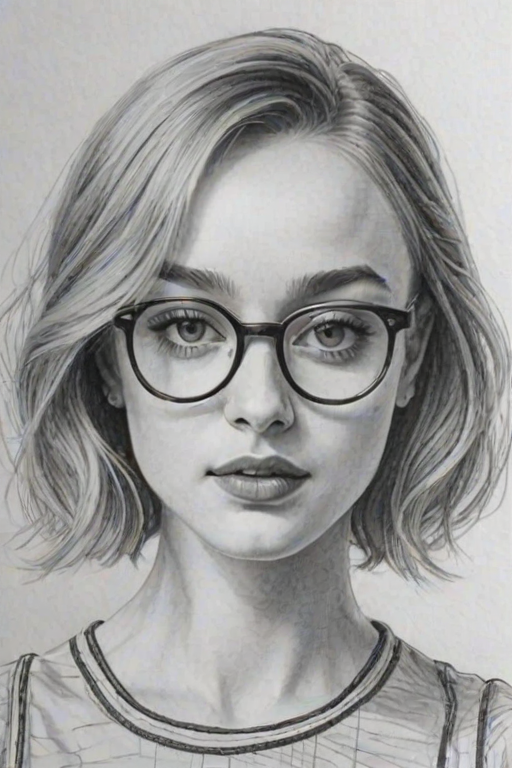 Dazzling Phoebe Dynevor, pencil sketch, portrait of Dazzling woman 1923s in glasses, hair style beatnik, outline, clear lines, fine lines, 8k