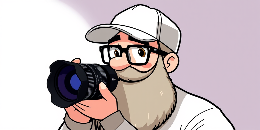 Create a high-resolution vector illustration of a cartoonish character with a large beard and glasses, wearing a cap, using a Nikon D850, 50mm lens, f/1.8, ISO 100, natural lighting, center composition, minimalistic style.