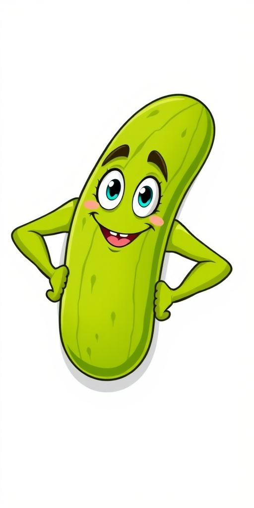 create a cartoon-style illustration of a muscular pickle with a happy expression, bright green color, on a plain white background, using a DSLR camera at f/8, ISO 200, 50mm lens, top-down view for enhanced sharpness and detail