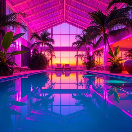 Regenerate a vibrant indoor pool scene at sunset with pink and purple lighting, lush tropical plants surrounding the pool, and reflections on the water's surface, shot with a DSLR camera using a 24mm f/1.8 lens, aperture set to f/2.8, ISO 200, and a shutter speed of 1/60s, in a wide-angle view to capture the spacious atmosphere.
