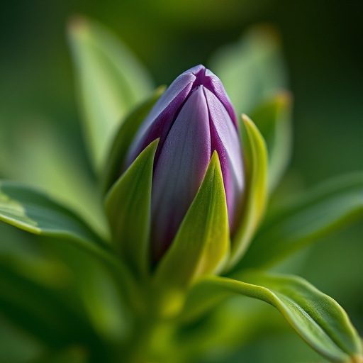 close-up of a purple flower bud surrounded by green leaves, shallow depth of field, ISO 100, f/2.8, 85mm lens, natural light, DSLR camera, soft focus background