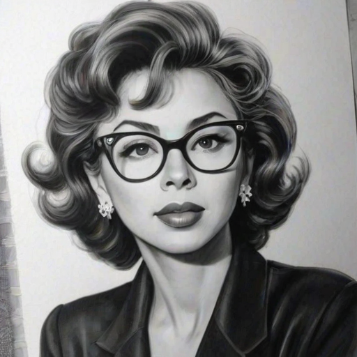 Resplendent Rita Moreno, pencil sketch, portrait of Graceful woman 1941s in glasses, hair style beatnik, outline, clear lines, fine lines, 8k