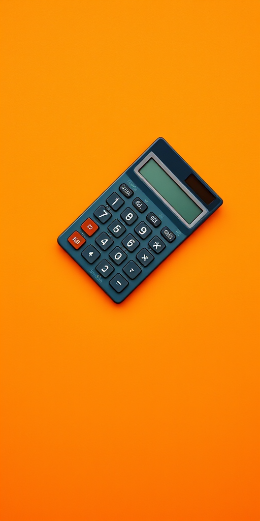 Create an image of a calculator on a vibrant orange background with a Canon EOS R camera, ISO 100, f/2.8 aperture, 50mm lens, and a top-down view to enhance clarity and color vibrancy.