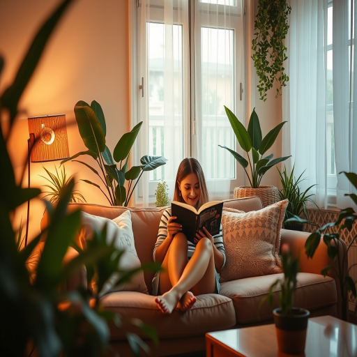 Create a cozy interior scene featuring a woman reading on a couch surrounded by plants, soft ambient light, 50mm lens, f/2.8 aperture, ISO 200, warm color palette, digital art style, studio quality.