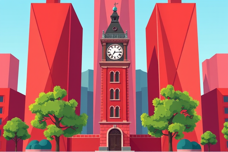 Create a vibrant cartoon-style illustration of a clock tower building in front of abstract red geometric skyscrapers, with green trees on either side, using a DSLR camera, f/8 aperture, ISO 100, 24mm lens, and captured in high dynamic range to enhance colors and details.