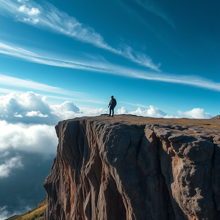 Create a high-resolution image of a lone figure standing on a rocky cliff with clouds and a blue sky in the background, shot with a Canon EOS R5, 24mm lens, f/8 aperture, 1/200 sec shutter speed, and ISO 100, in landscape orientation with a dramatic, surreal style.