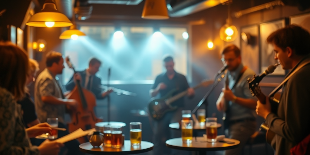 Blurry candid shot of a group of musicians playing jazz in a smoky bar, soft golden light from overhead lamps illuminating the scene, with instruments and drinks scattered on small tables.