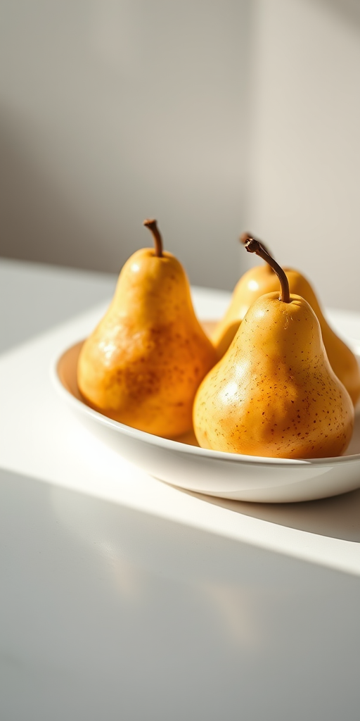 Still life of three pears in a shallow dish on a light surface, natural soft light, shallow depth of field, 50mm lens, f/2.8 aperture, ISO 200, captured with a DSLR camera.