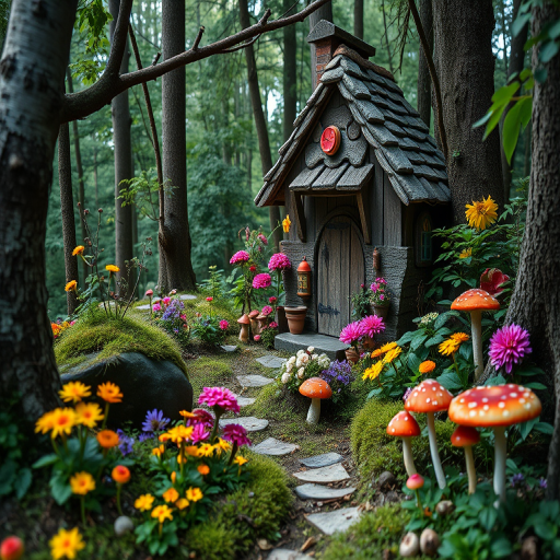a whimsical forest scene with a charming cottage, vibrant flowers, and colorful mushrooms, captured with a Canon EOS 5D Mark IV, 50mm f/1.4 lens, f/2.8 aperture, ISO 200, soft lighting for a dreamy effect, focus on composition and vivid colors to enhance magical atmosphere