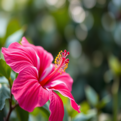Capture a close-up of a vibrant pink hibiscus flower with a soft bokeh background, using a DSLR camera with a 50mm lens, aperture set to f/1.8, shutter speed at 1/200s, ISO 200, natural light.