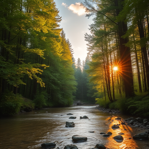 Create an image of a serene, sunlit forest scene with a clear, gently flowing river. Tall trees with lush green foliage line both sides of the river, their leaves bathed in the warm golden light of the setting or rising sun. The sunlight filters through the trees, casting soft, dappled light on the river, which flows over smooth rocks and pebbles, creating a peaceful, natural atmosphere. The sky is bright with a few scattered clouds, and the overall mood is tranquil, evoking a deep sense of connection with nature. The image captures the beauty of a calm, pristine forest landscape at either dawn or dusk.