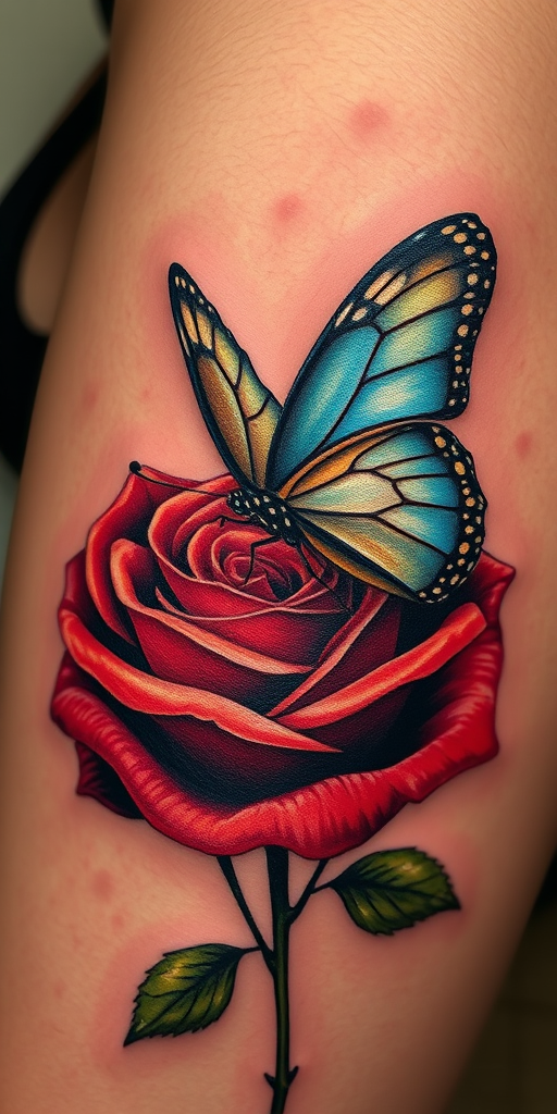 Realistic 3D tattoo titled "Hyperrealism Illusion" depicting a lifelike butterfly perched on a photorealistic rose, with incredible depth and shadow details that make it appear to come alive on the skin