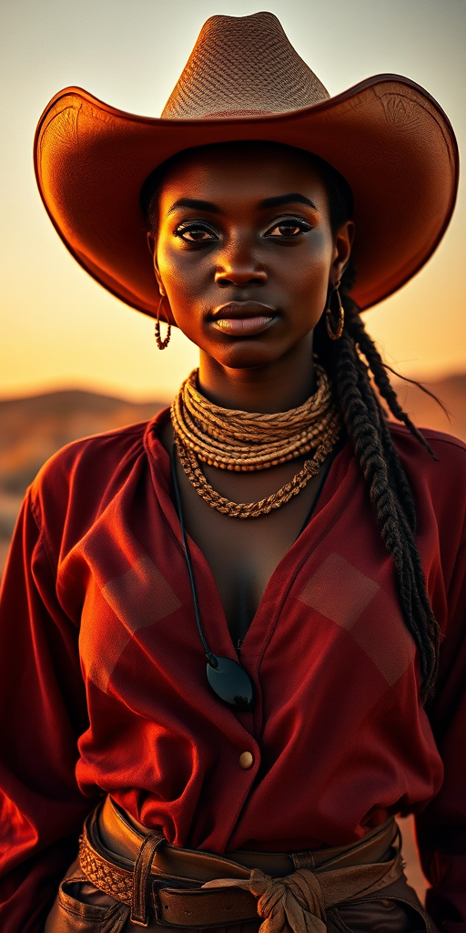 Dramatic photo of a beautiful Kikuyu woman, classic cowboy attire, confident and free spirit expression, half-length portrait, centered, golden hour desert landscape, warm, diffused light, low angle, medium format film camera, in style of Annie Leibovitz.