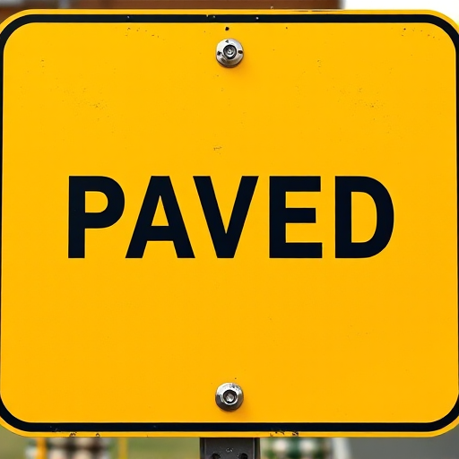 Create a high-resolution image of a yellow road sign with the word "PAVED" in bold black letters, using a DSLR camera set to 50mm lens, aperture f/8, shutter speed 1/250s, ISO 200, capture from a straight-on view with natural lighting.