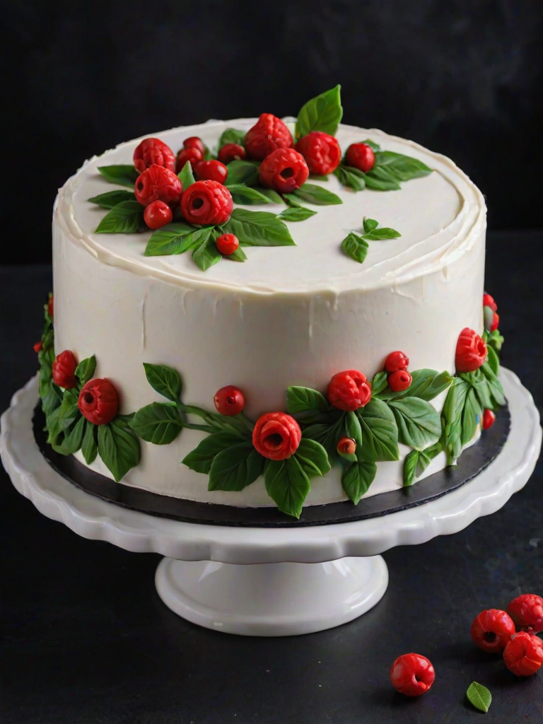 Create an image of a beautifully decorated cake with a smooth white frosting. The cake should feature intricate rosette designs on the sides and have green leafy accents with small red berries at the base. The cake is displayed on a simple white cake stand against a dark background.