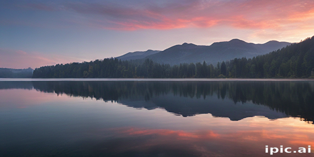 Tranquil Lake at Dawn Surrounded by Majestic Mountains and Lush Forests