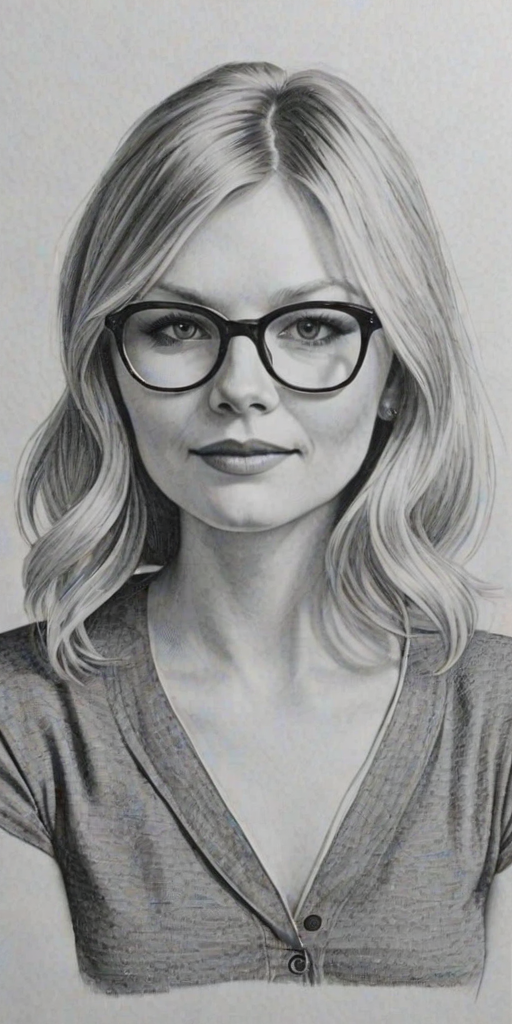 Lovely Kirsten Dunst, pencil sketch, portrait of Charming woman 1963s in glasses, hair style beatnik, outline, clear lines, fine lines, 8k
