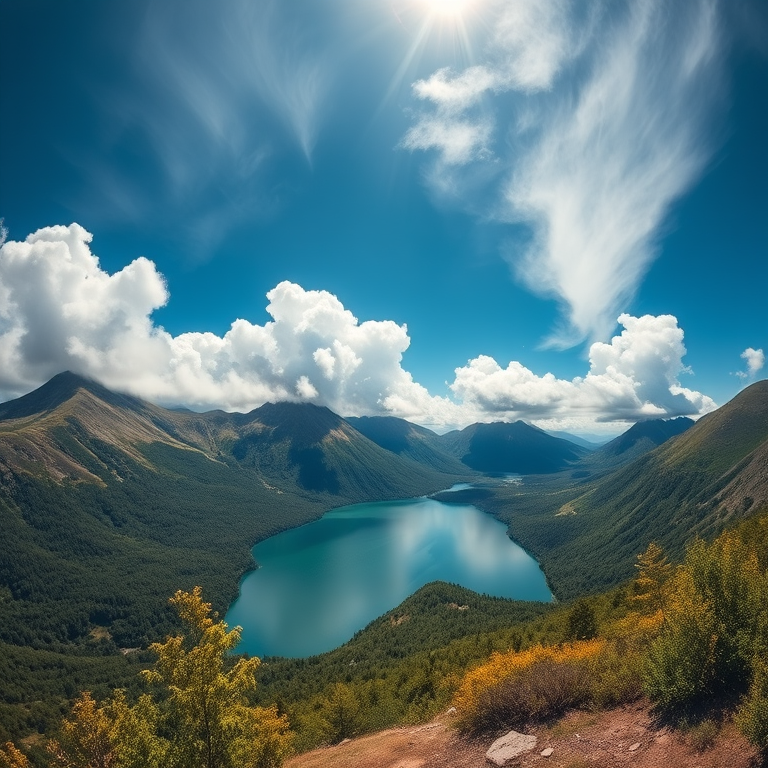 Capture a vibrant landscape of a serene mountain lake surrounded by lush greenery and dramatic cloud formations under a bright blue sky, shot with a Canon EOS R5, 24mm lens, f/8 aperture, 1/250 sec shutter speed, ISO 100, wide-angle view to enhance depth and detail.