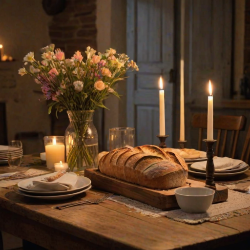 Warmly lit photo of a rustic farmhouse table set for dinner, with soft candlelight illuminating the tableware, a loaf of freshly baked bread, and flowers in a vase.