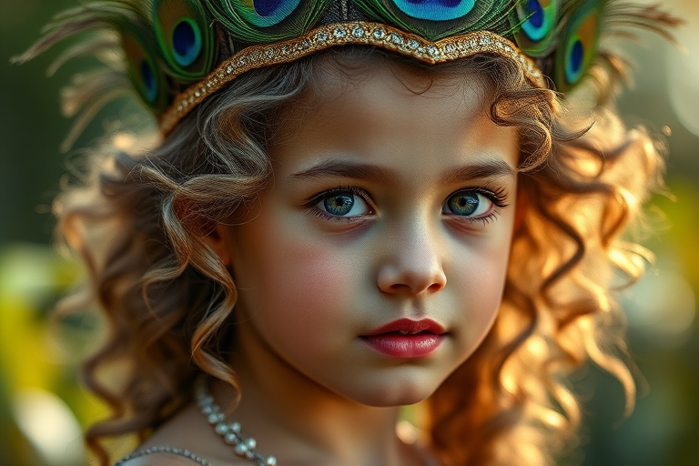 Create a highly detailed portrait of a young deity with curly hair and a peacock feather crown, using a 50mm lens at f/1.8, natural lighting for a soft glow, shot in portrait style with a DSLR camera for enhanced clarity and color vibrancy.