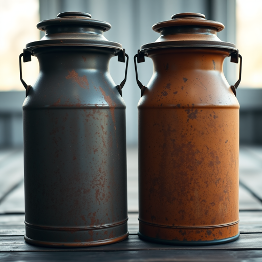 Generate a high-resolution image of two vintage rusty milk cans standing side by side on a wooden surface, shot with a Canon EOS R5, aperture f/4, ISO 100, shutter speed 1/200 sec, in natural lighting with a shallow depth of field for a soft background blur.
