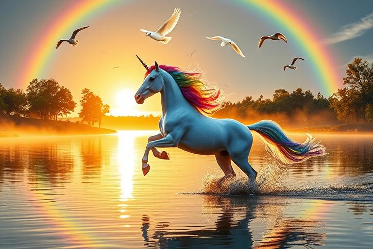 A majestic unicorn with a flowing rainbow mane galloping across a shimmering lake during sunrise, surrounded by vibrant rainbows, lush trees, and birds soaring in the sky, shot with a Canon EOS R5, 50mm f/1.2 lens, aperture f/2.8, shutter speed 1/500s, ISO 100, in high dynamic range for enhanced details and vivid colors.