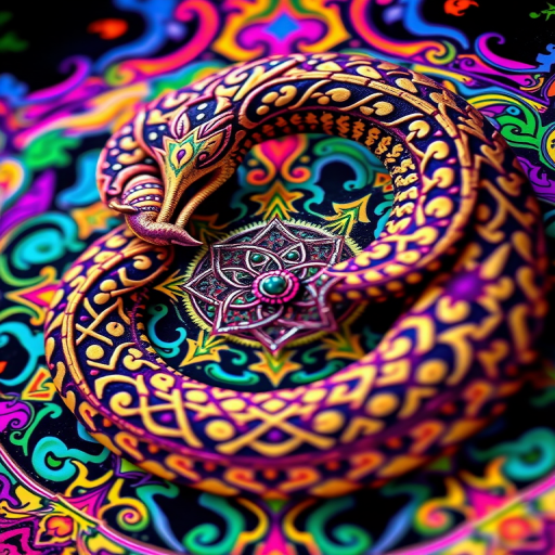 create a vibrant, psychedelic ouroboros symbol with intricate patterns and colors, captured with a Nikon D850, f/8 aperture, 50mm lens, ISO 100, in a close-up view, using a high dynamic range (HDR) photography style to enhance details and contrast.