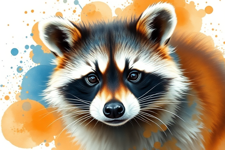 Create a watercolor-style illustration of a raccoon with vibrant splashes of orange and blue around it, captured with a Canon EOS R5, 50mm lens, f/2.8 aperture, ISO 100, natural light, shallow depth of field, focusing on the raccoon's face.