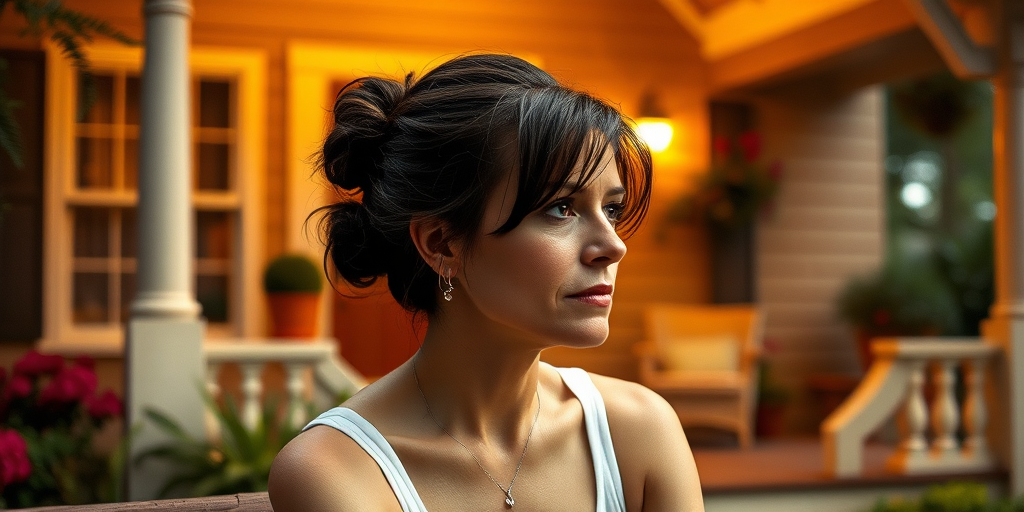 A photo of Jodie Foster with a background of a cozy porch. She has dark hair pulled back in an updo, with tendrils framing her face. She wears a white tank top and sits on the porch. The porch is part of a well-lit home with a warm, earthy tone and colorful flowers and foliage. The overall scene has a warm, welcoming, and comfortable ambiance.