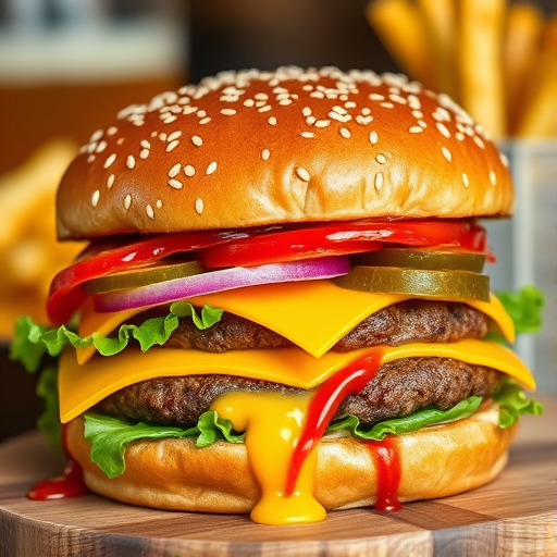 High-resolution, close-up image of a gourmet double cheeseburger. The burger features a glossy, sesame-seed-topped brioche bun. Inside, there are two thick, juicy beef patties, each topped with melted cheddar cheese. The burger is garnished with fresh lettuce, tomato slices, diced onions, and pickles. A generous amount of ketchup and a creamy, orange-colored sauce is dripping down the sides, adding to the mouth-watering appeal. In the background, there are blurred elements including a side of golden French fries and a hint of a beverage, enhancing the overall presentation of a delicious meal.