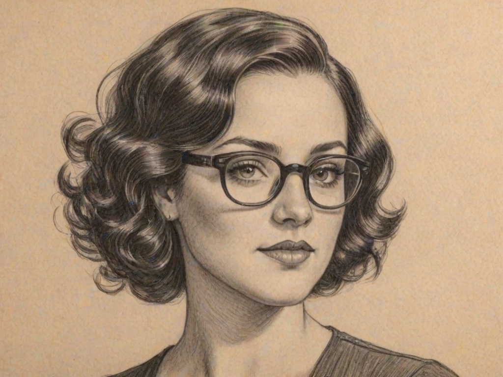 Captivating Ashley McBryde, pencil sketch, portrait of Enticing woman 1932s in glasses, hair style beatnik, outline, clear lines, fine lines, 8k