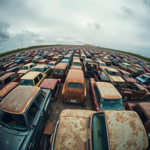 abandoned car junkyard filled with rusted vehicles, overcast lighting, wide-angle lens, f/8 aperture, ISO 200, 1/125 sec shutter speed, aerial view, DSLR camera
