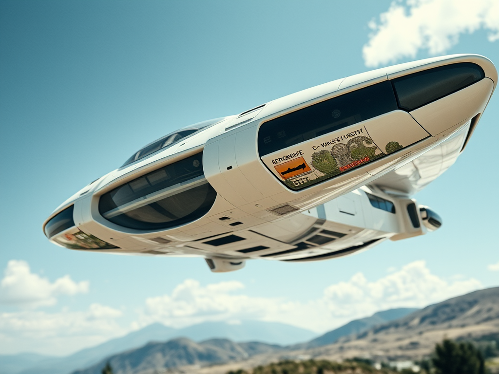 futuristic spacecraft with a sleek design, captured from a low angle in bright daylight, using a DSLR camera at f/8 aperture, ISO 100, 24mm focal length, with a shallow depth of field for enhanced focus and clarity, digitally enhanced for high contrast and vibrant colors