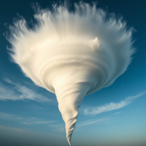 Generate a high-resolution image of a tornado in a clear blue sky, captured with a Canon EOS R5, 50mm lens, f/8 aperture, ISO 100, and a shutter speed of 1/1000 seconds, with a perspective from the ground looking up towards the swirling clouds.