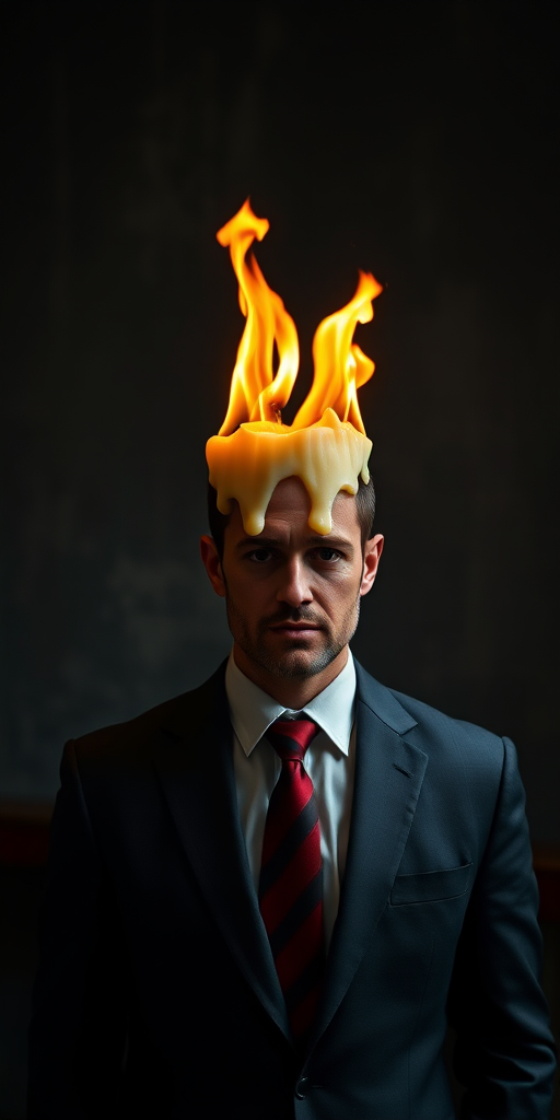Create an image of a man in a suit with a melting candle for a head, fiery flames coming from the top, shot with a DSLR camera, aperture f/2.8, shutter speed 1/125s, ISO 100, in dramatic lighting against a dark textured background.