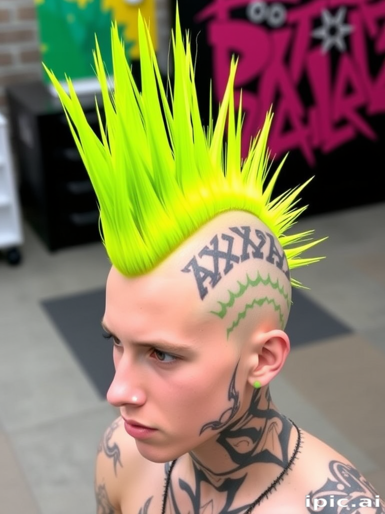 Vibrant lime green mohawk named "Toxic Spikes," features a tall, sculpted center strip with shaved sides adorned with intricate tribal-inspired patterns, creating a bold and edgy punk rock-inspired look