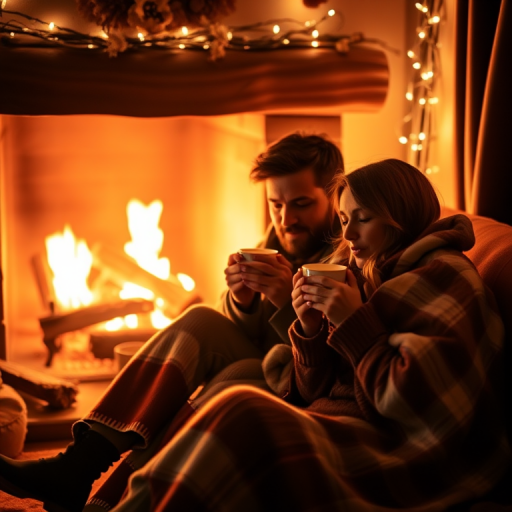 Warm, softly lit image of a couple sitting by a fireplace, wrapped in blankets and sipping hot tea, soft glow from the flames casting warm shadows on their faces, with the smell of burning wood filling the air.