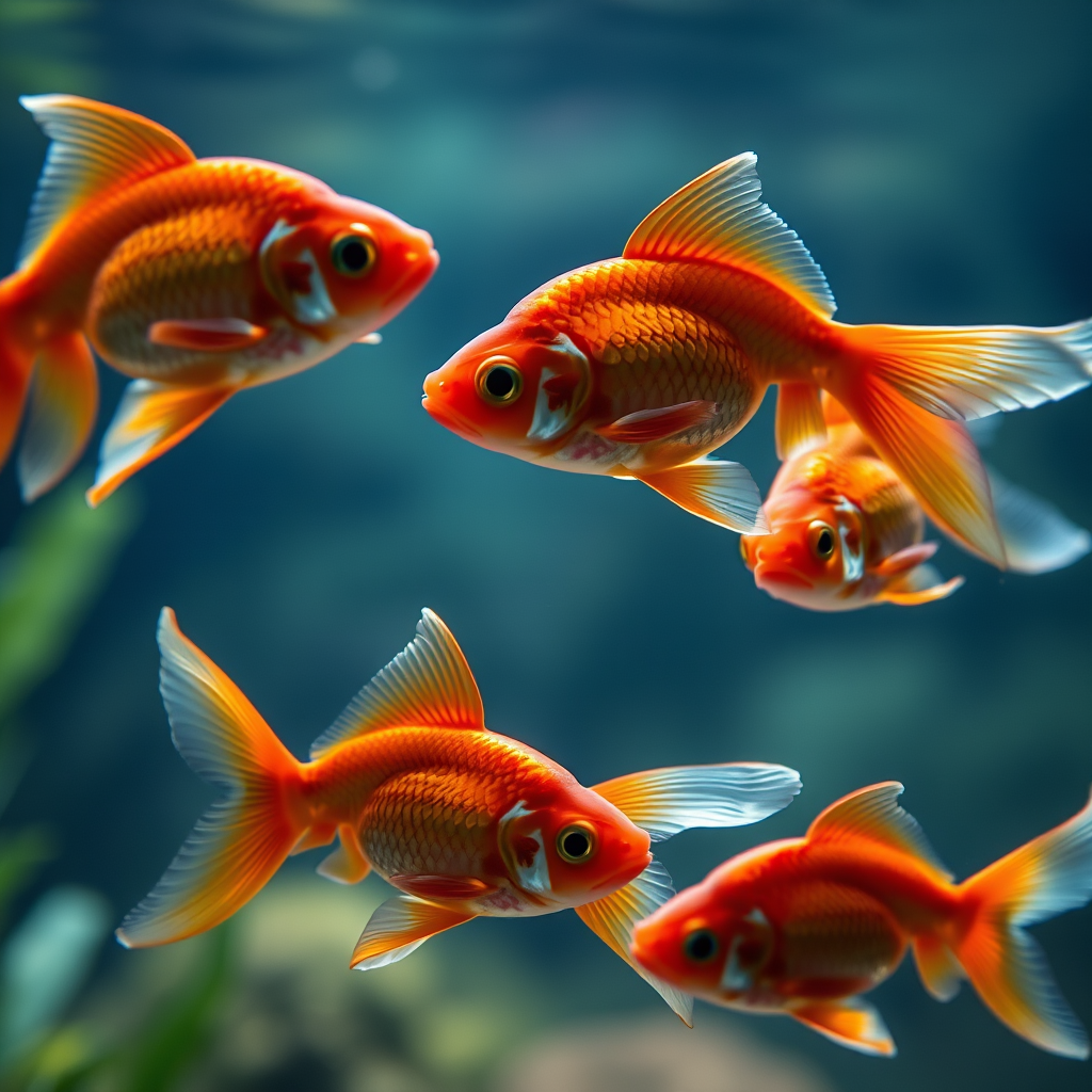 Regenerate the image of four goldfish swimming in a serene underwater setting with soft lighting, using a Nikon D850 camera, 50mm lens, f/1.8 aperture, ISO 200, shot at 1/125 sec, in a shallow depth of field, capturing the vibrant colors and textures of the fish and their environment.