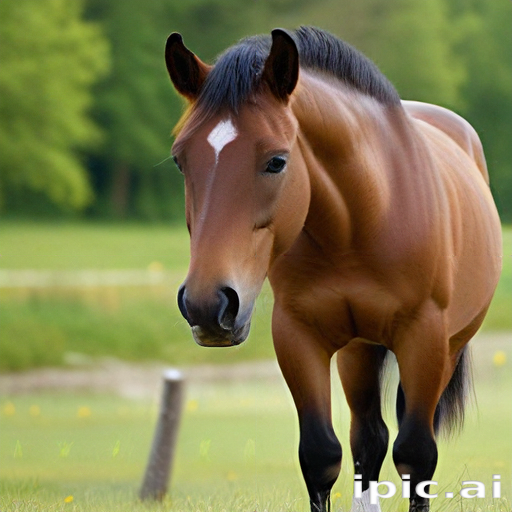A Majestic Brown Horse Grazing in a Lush Green Field.