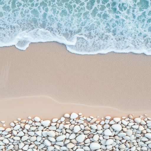 aerial view of a sandy beach with smooth white pebbles and gentle waves lapping at the shore, capturing the vibrant turquoise water and detailed textures of the stones, taken with a Canon EOS 5D Mark IV, f/8 aperture, ISO 100, 1/200 sec shutter speed, high dynamic range for enhanced colors and clarity