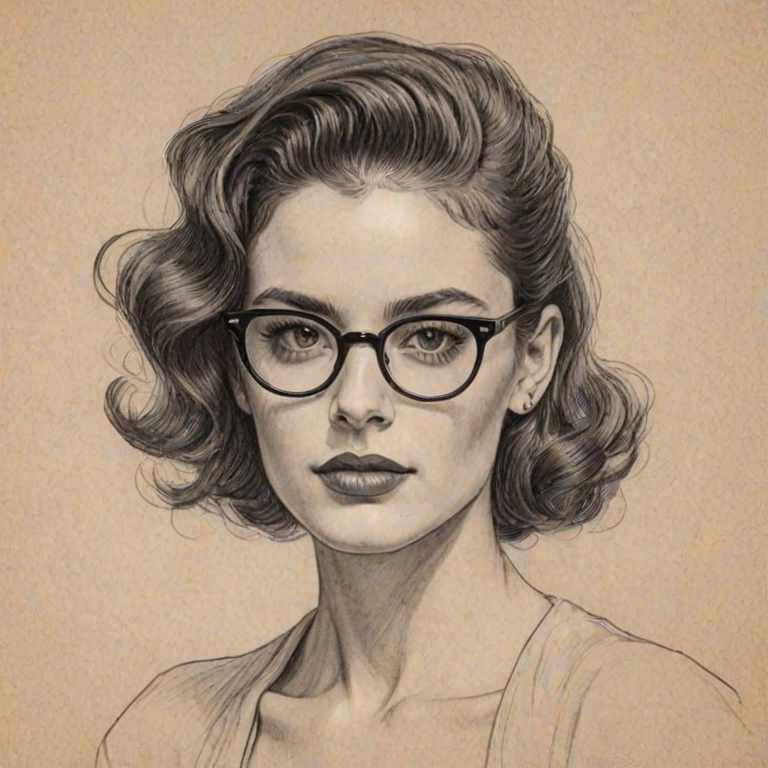 Appealing Sabrina Claudio, pencil sketch, portrait of Ravishing woman 1937s in glasses, hair style beatnik, outline, clear lines, fine lines, 8k