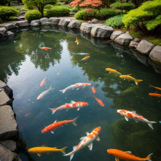 Soft-focus image of a tranquil koi pond in a Japanese garden, with colorful fish swimming beneath the surface, soft reflections of trees creating a serene atmosphere.