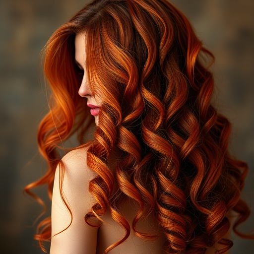 Enchanting portrait captures Copper Flame long hair, rich auburn base with vibrant orange and red highlights, styled in voluminous ringlets cascading down the back