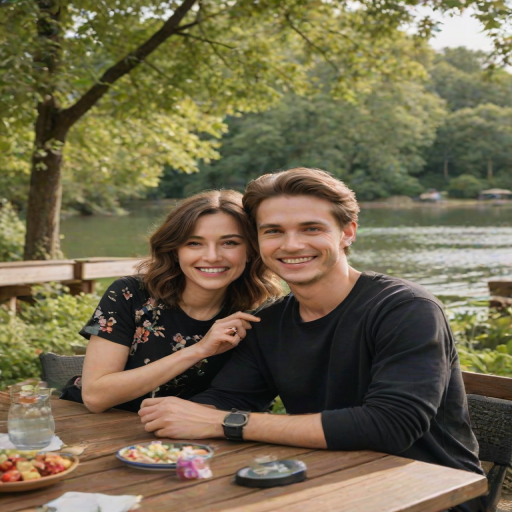 Medium shot photo of two individuals seated outdoors at a table in a scenic park setting. On the left, a Caucasian man with light skin tone and short brown hair wears a casual black t-shirt with a graphic, smiling calmly while holding up a medal. To his right, a woman with medium skin tone, black wavy hair, and a cheerful expression also holds up a medal, her smile conveying joy and pride. She is dressed in a dark cardigan over a floral-patterned blouse, her friendly demeanor adding to the relaxed atmosphere. Both appear comfortable, casually celebrating a shared achievement. The setting is a tranquil lakeside with lush greenery, visible trees reflecting off the calm water, and a few people in paddle boats in the background, contributing to a relaxed and leisurely vibe. The sky is overcast, providing diffused natural light that casts soft shadows, highlighting the subjects and emphasizing the lush backdrop. The table in front of them contains bottles and miscellaneous items, adding to the informal gathering atmosphere. Other people are visible in the distance, further enhancing the sense of a lively outdoor environment. The overall mood of the scene is light-hearted and sociable, enriched by the natural, vibrant surroundings and the subjects' joyful expressions