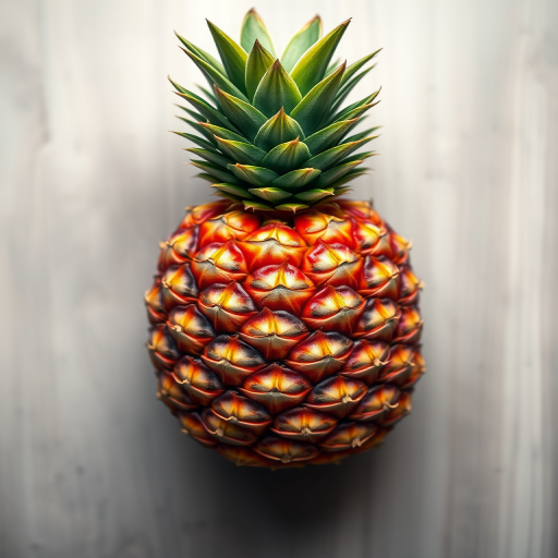 Create an illustration of a pineapple with vibrant colors, using a DSLR camera with a 50mm lens at f/2.8, 1/125s shutter speed, and ISO 100, in a top-down view with a soft focus background for enhanced image quality.