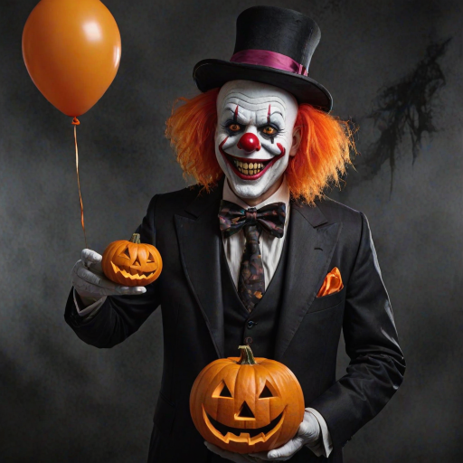 Illustrate a sinister clown with bright orange hair and a dark, menacing smile. The clown is holding a spooky jack-o'-lantern balloon and a carved pumpkin. Dress the clown in a formal suit with a large red bow tie to enhance the eerie Halloween ambiance. Aim for a chilling, unsettling style that captures the essence of Halloween horror.