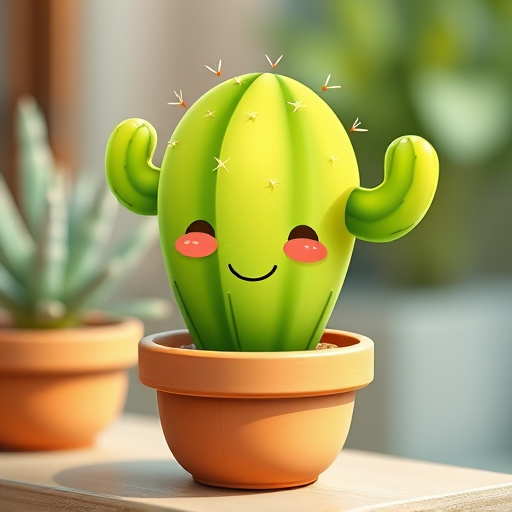 Create a highly detailed illustration of a cartoon cactus in a smiling pot, with vibrant green colors and a soft, friendly expression, captured in a soft focus with natural light, using a DSLR camera at f/2.8 aperture, 50mm lens, ISO 100, and a shallow depth of field.